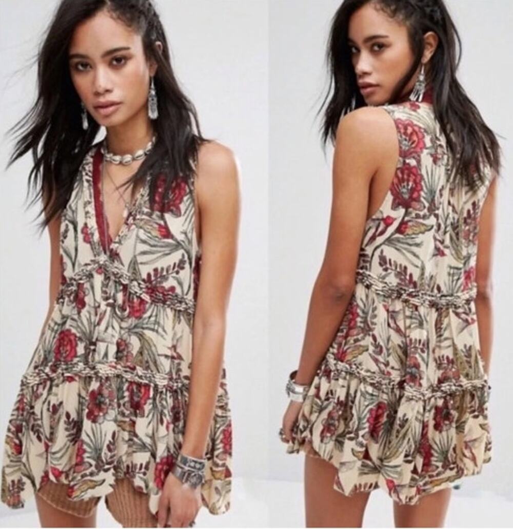 Free People Natural Haze Hummingbird V-Neck High Low Blouse Size M